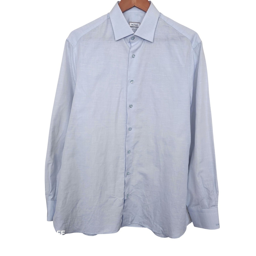 Atelier Munro Dress Shirt Mens XL Light Blue Cotton Linen Monogram Crisp Classic